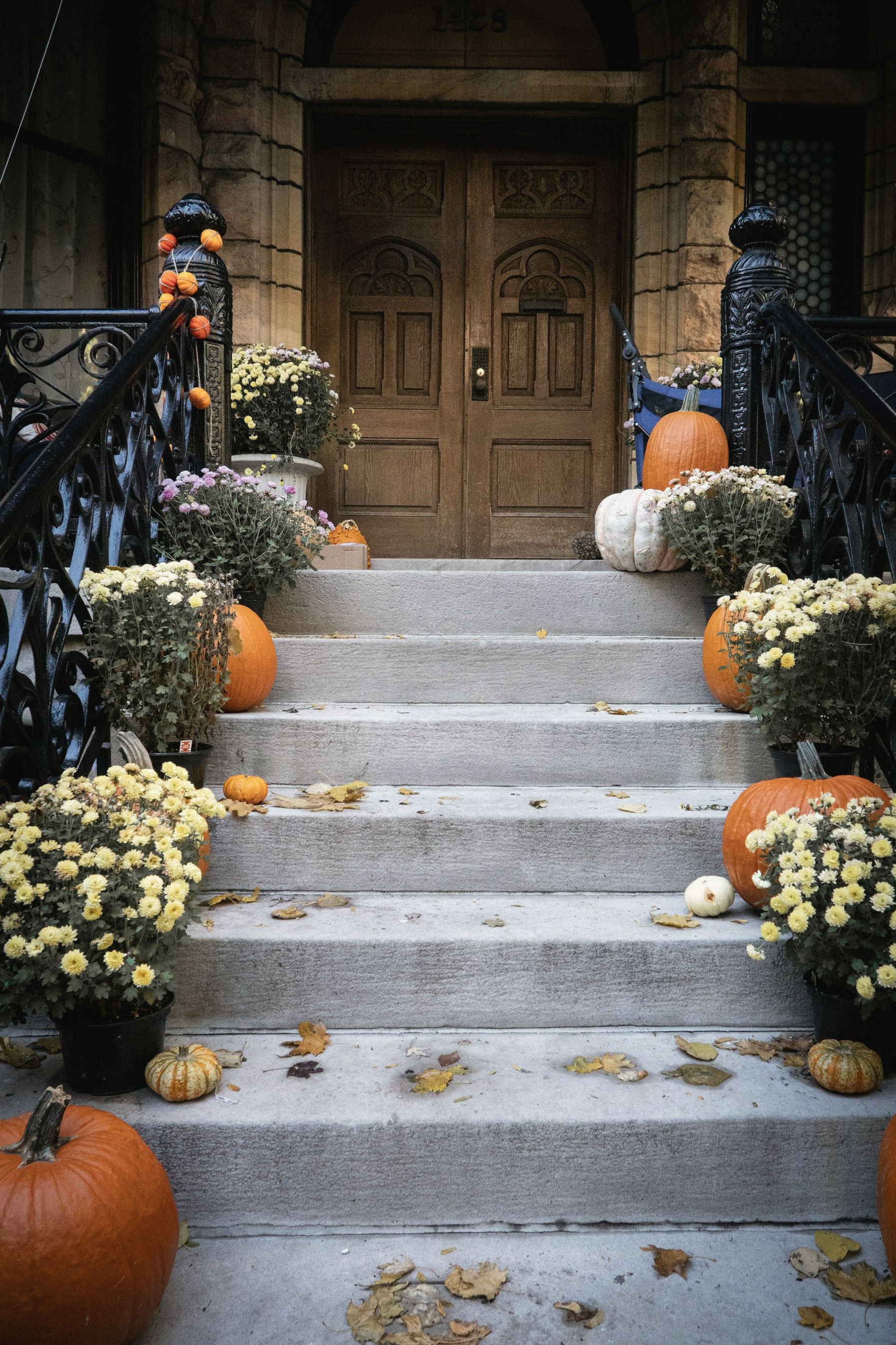 Front steps lined with potted mums and pumpkins